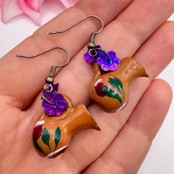 Handmade Hand Painted Clay Pot Dangle Earrings Folk Art Whimsical Floral Sequins - Picture 3 of 9